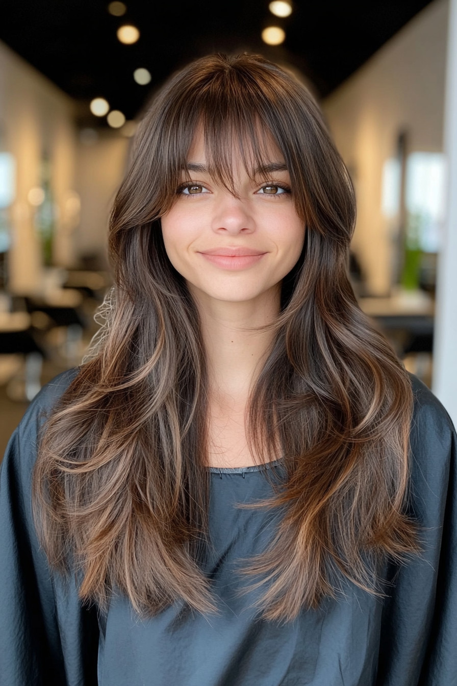 8. Dusty Rose Layers with Choppy Bangs (Long Layered Hair With Bangs) - Long Layered Hair With Bangs