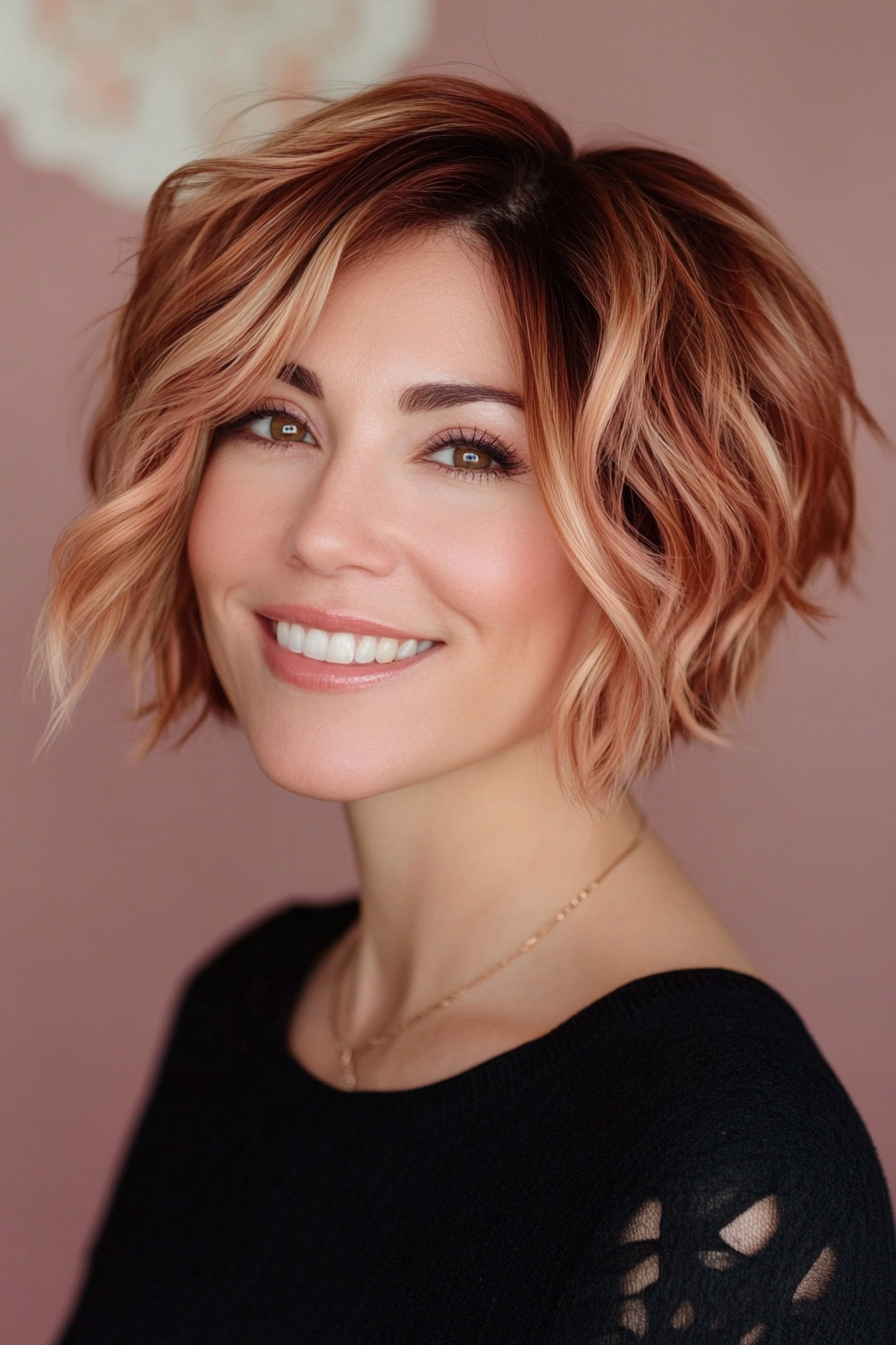 9. Shaggy Bob with Rose Gold Highlights (Short Hairstyles For Thin Hair) - Short Hairstyles For Thin Hair