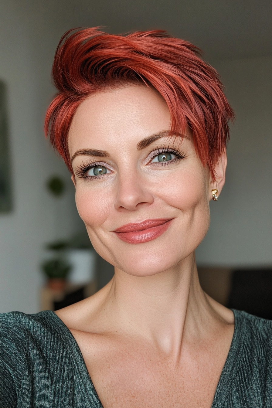 9. Undercut Pixie with Bold Red (Pixie Hairstyles For Women Over 40) - Pixie Hairstyles For Women Over 40