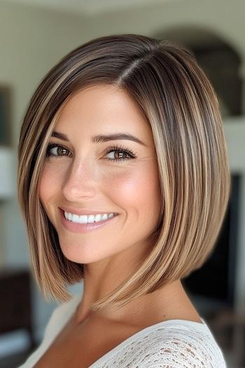 A-Line Blunt Bob Haircut on a smiling woman with angled brown hair.