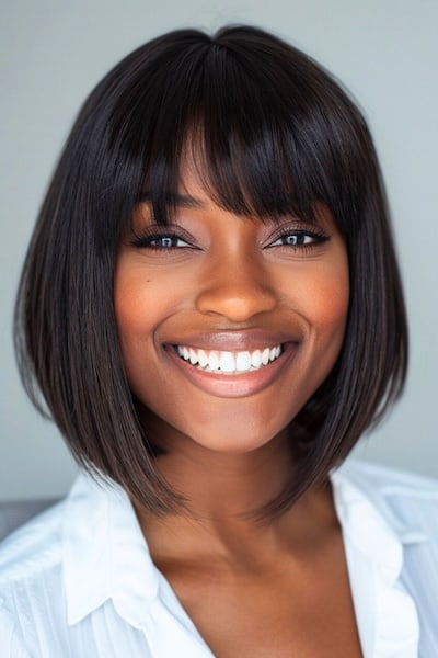 Angled Bob Medium-Length Hairstyle with Bangs.