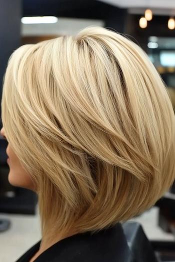 Angled Layered Bob Haircut on a woman with blonde hair, side view in salon.