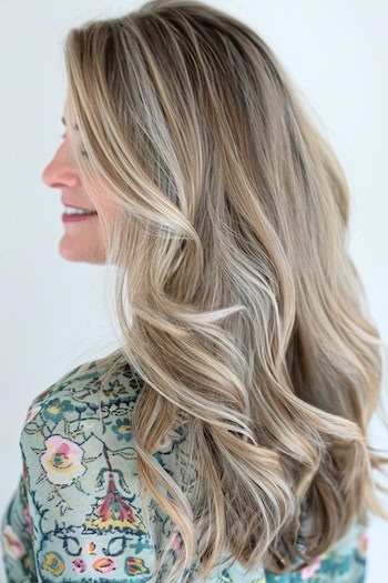 Ash Blonde Balayage Hairstyle on a smiling woman with blonde hair.