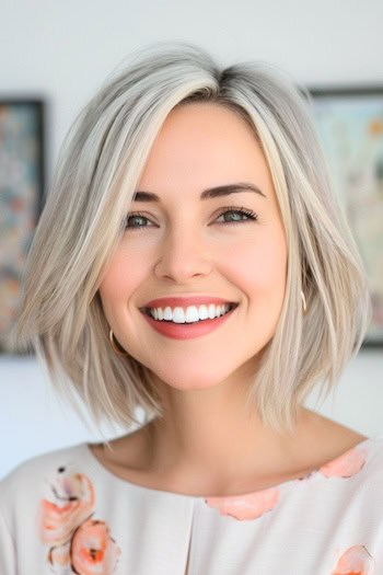 Ash Blonde Bob Hairstyle on a smiling woman with blonde hair.