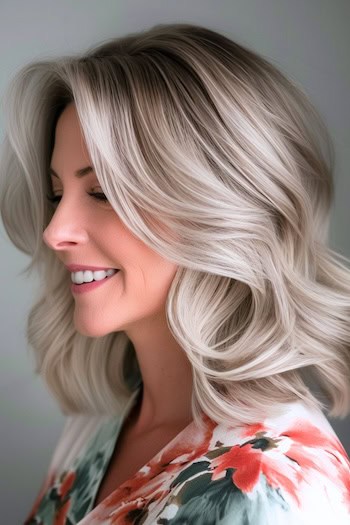 Ash Blonde Lob (Long Bob) Hairstyle on a smiling woman with blonde hair, side view.