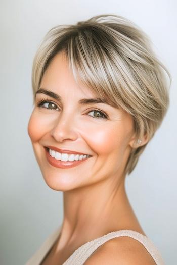 Ash Blonde Pixie with Side-Swept Bangs Hairstyle on a smiling woman with blonde hair.