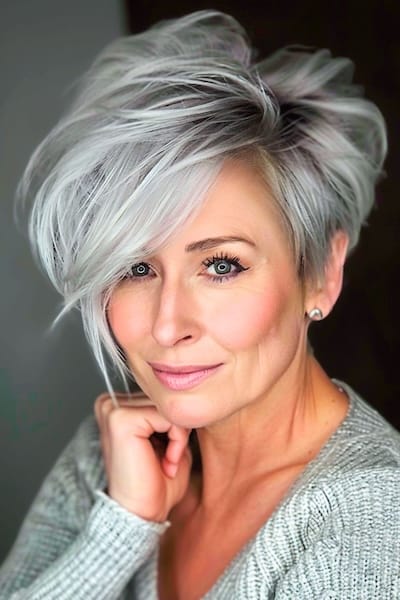 Asymmetrical gray pixie cut for women in their 50s.