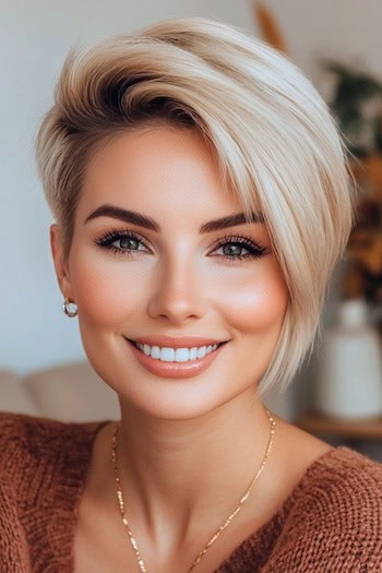 Asymmetrical Pixie with Deep Side Part Hairstyle on a smiling woman with blonde hair.