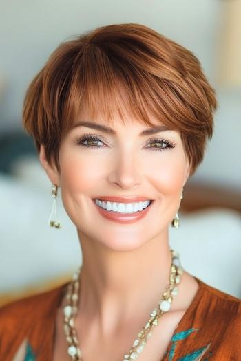 Auburn Pixie with Wispy Bangs Hairstyle on a smiling older woman with auburn reddish-brown hair.