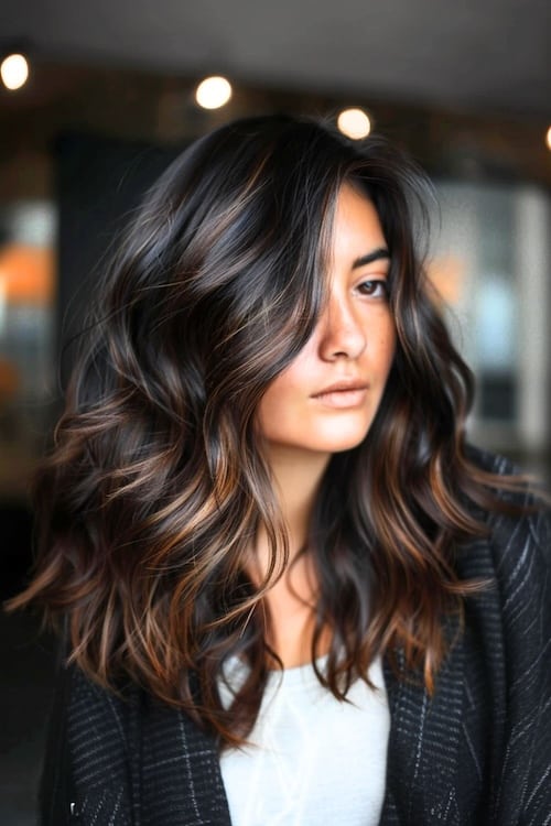 Black brown hair color with toffee highlights.