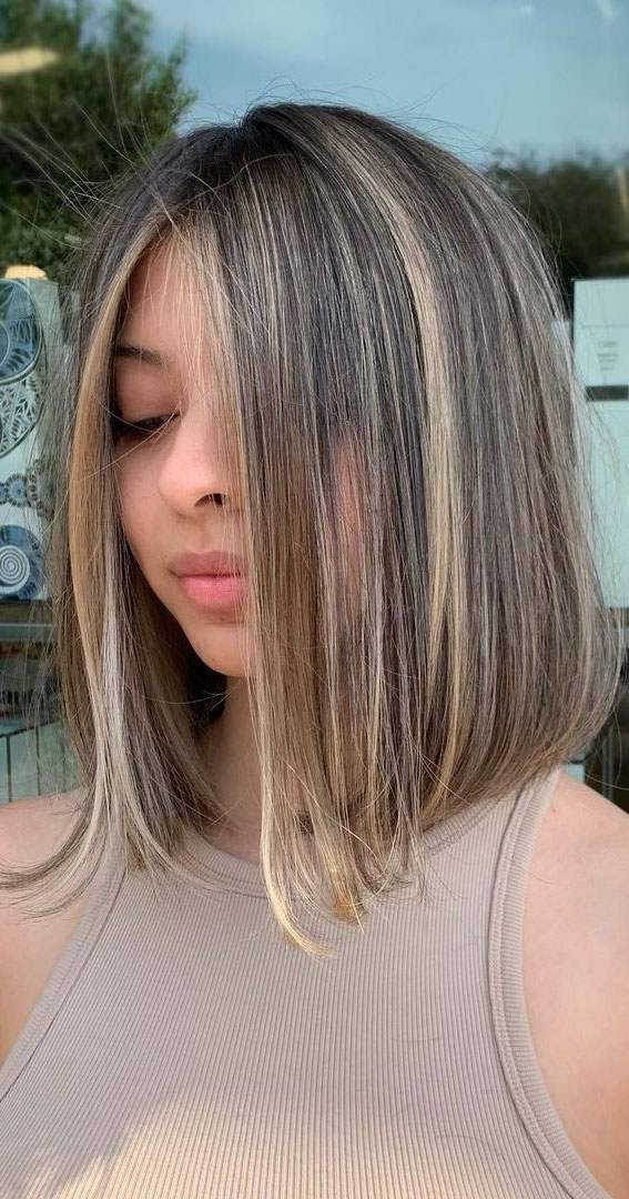 blonde balayage lob hairstyle, blonde hihglights lob haircut