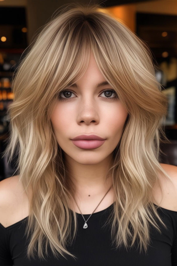 blonde balayage shag with curtain bagns, layered shag haircut, shaggy haircut