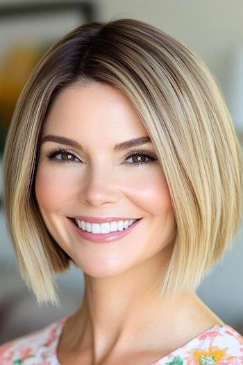 Blonde Blunt Bob with Dark Roots Haircut on a smiling woman with blonde hair.