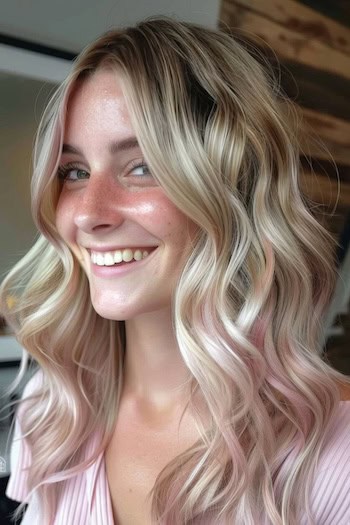 Blonde Hair with Pastel Pink Accents Pink Hair Color Idea.