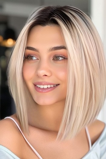 Blonde Lob Haircut with Dark Roots.