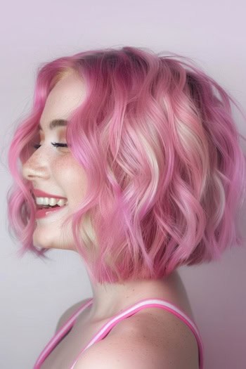 Blonde Pink Wavy Bob Pink Hair Color Idea.