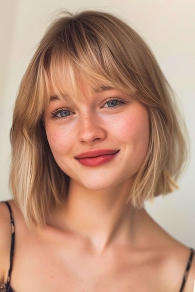 Blunt Bob Medium-Length Hairstyle with Bangs.