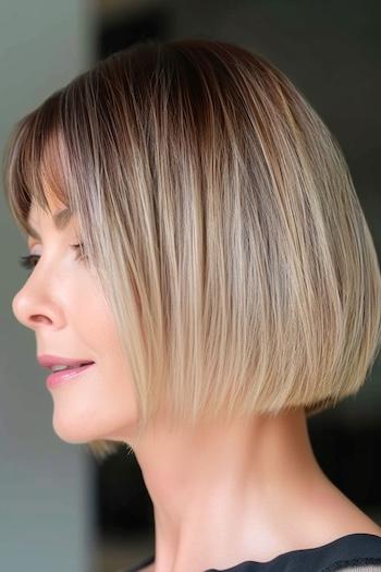 Blunt Bob with Bangs Haircut on a woman with brown highlighted hair, side view.