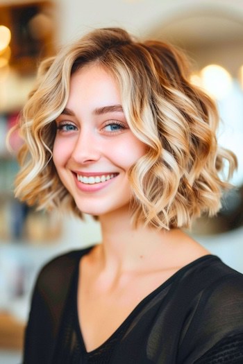 Blunt Curly Bob with Highlights Short Curly Hairstyle.