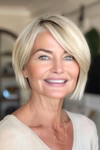 Blunt Layered Bob Haircut on a smiling older woman with blonde hair.