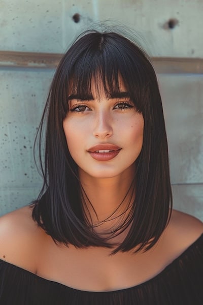 Blunt Lob with Bangs Medium-Length Hairstyle with Bangs.