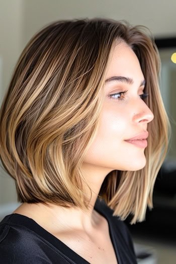 Blunt Long Layered Bob Hairstyle on young woman, side view.