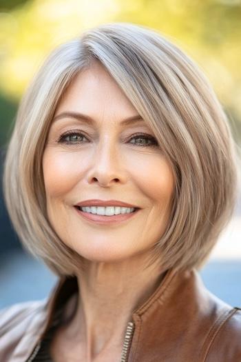 Bob with Soft Rounded Layers Haircut on a smiling older woman with light brown hair.