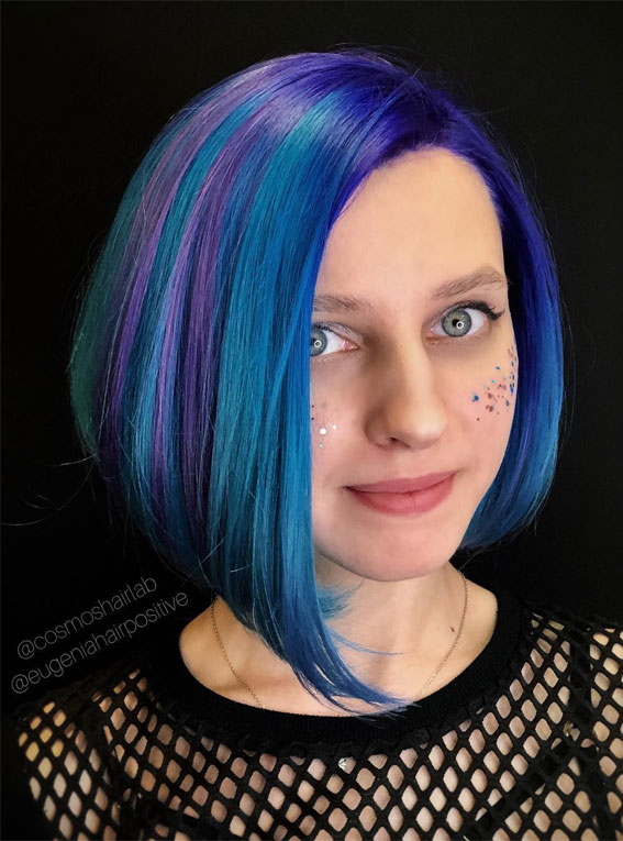 bright blue asymmetrical lob, hair colour, side part asymmetrical bob, bob asymmetrical haircut, asymmetrical haircuts, bob asymmetrical haircuts, uneven haircut, asymmetrical long bob, asymmetrical bob