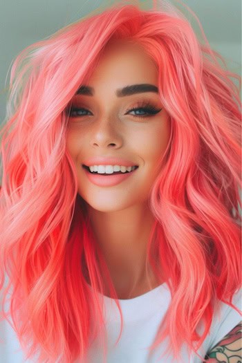 Bright Coral Pink Waves Pink Hair Color Idea.