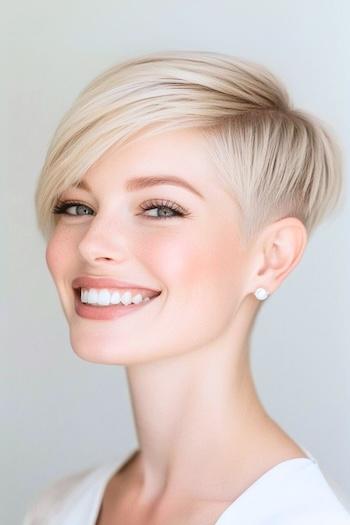 Brushed-Forward Pixie with Undercut Hairstyle on a smiling young woman with very light blonde hair.