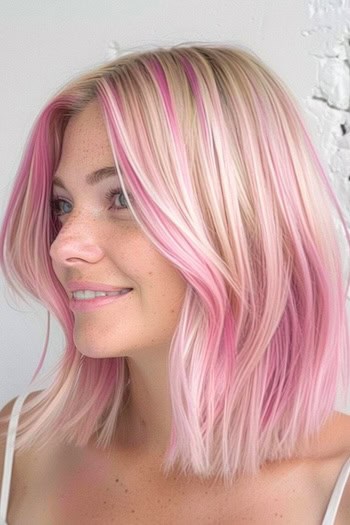 Bubblegum Pink Streaks on Platinum Blonde Pink Hair Color Idea.