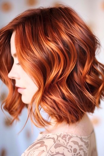 Caramel Copper Wavy Lob Haircut.