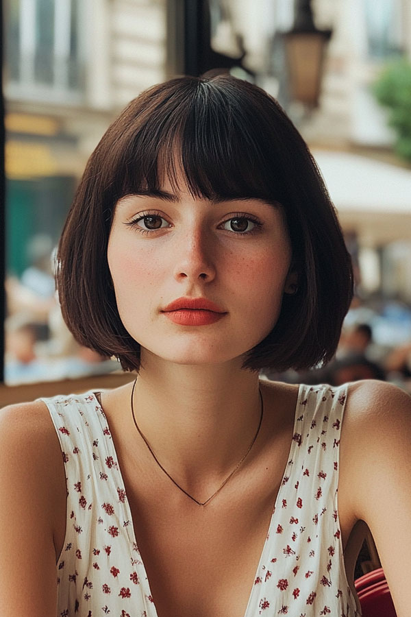 Chestnut Brown Sophisticated Bob, French Bob Haircut, Parisian hairstyle, Parisian bob haircut