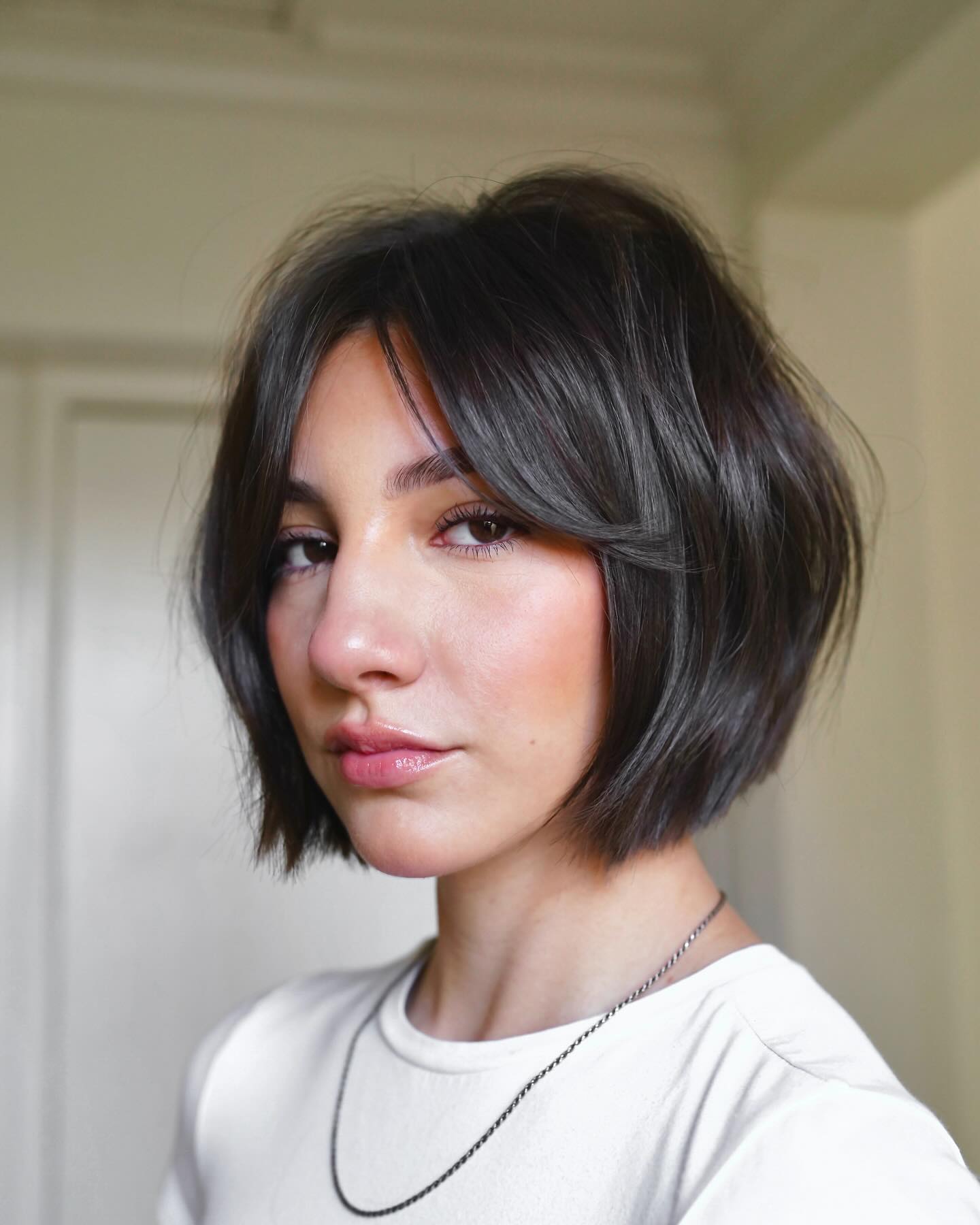 chin-length a-line bob with bangs