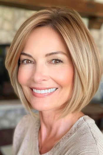 Chin-Length Bob Hairstyle on a smiling older woman with light brown hair.