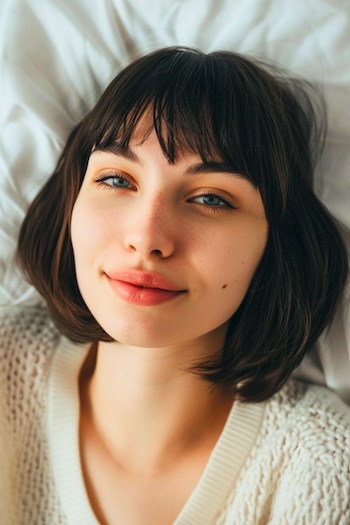 Chin-Length Bob with Bangs Straight Hairstyle.