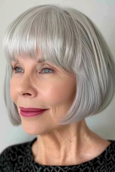 Chin-Length Bob with Full Bangs Hairstyle for Women Over 50.