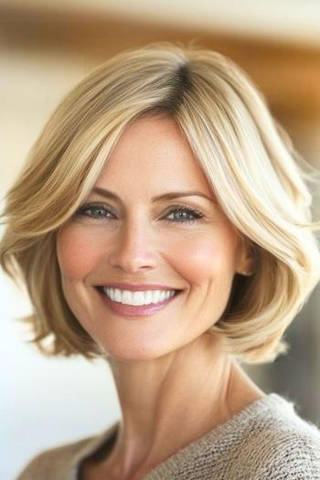 Chin-Length Layered Bob Haircut on a smiling woman with blonde hair.