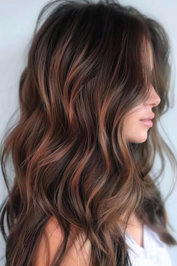 Chocolate Brown with Bronze Balayage Highlights Hair Color Idea.