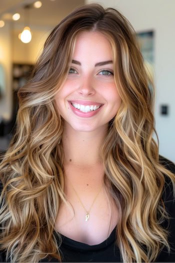 Chocolate Brown with Golden Blonde Highlights Hair Color Idea.