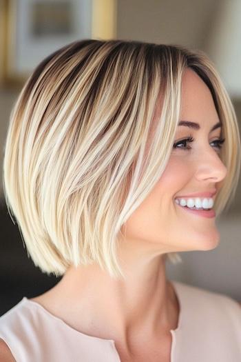 Choppy Blonde Bob with Dark Roots Hairstyle on a smiling woman, side view.