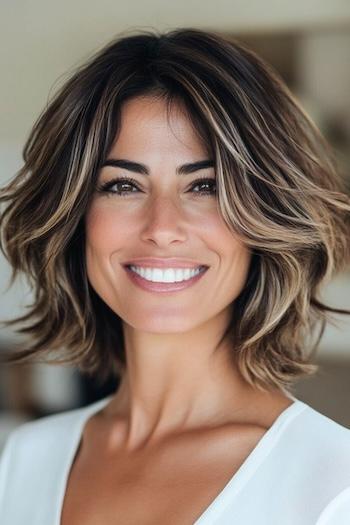 Choppy Bob with Face-Framing Highlights Hairstyle on a smiling woman with brown hair and highlights.