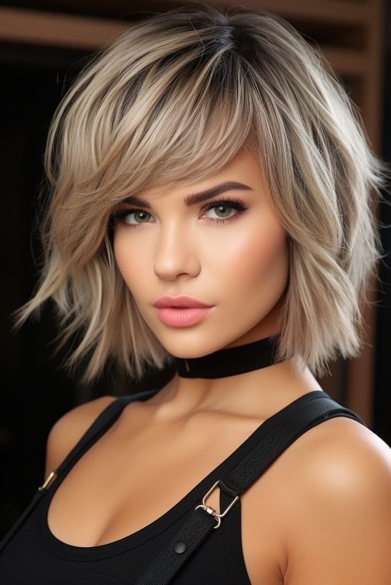 Choppy Bob with Fringe, layered bob with fringe, short haircuts with side swept bangs