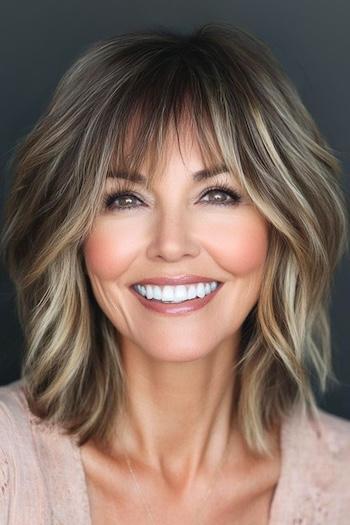 Choppy Bob with Razored Bangs Hairstyle on a smiling woman with brown hair and face-framing highlights.