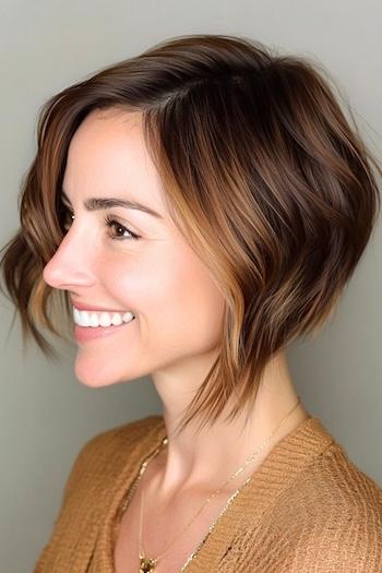 Choppy Inverted Bob Hairstyle on a smiling woman with brown hair, side view.