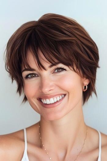 Choppy Layered Pixie with Piecey Bangs Hairstyle on a smiling woman with brown hair.