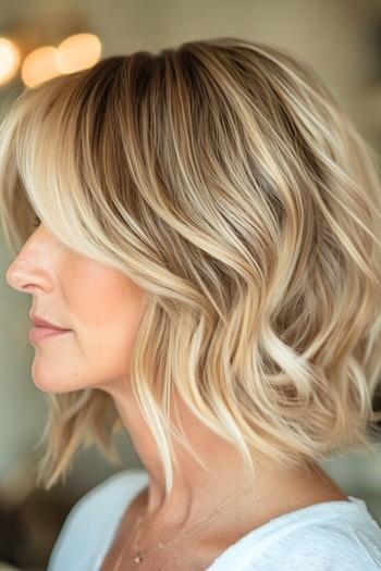 Choppy Long Wavy Bob Hairstyle on a smiling woman with blonde and brown hair.