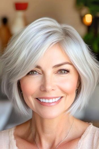 Choppy Pixie Bob Hairstyle on a smiling woman with silver hair.