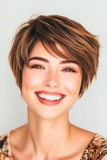 Choppy Pixie with Side-Swept Bangs Hairstyle on a smiling woman with brown hair.