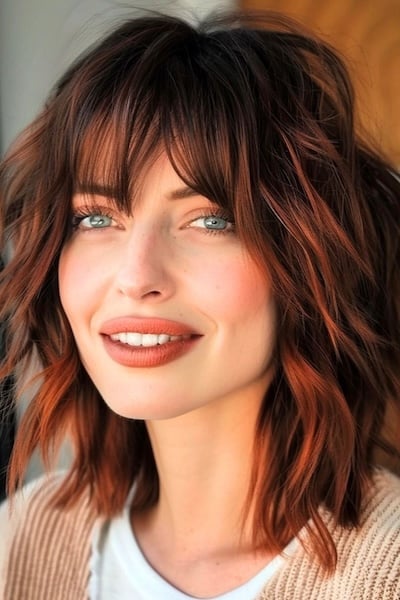 Choppy Shoulder-Length Shag with Bangs Medium-Length Hairstyle with Bangs.